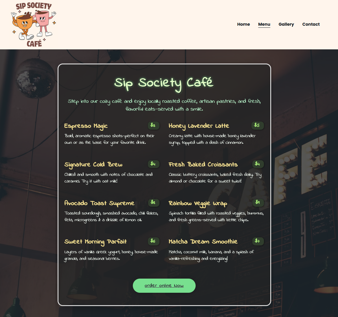 Sip Society Café Chalkboard Menu Page