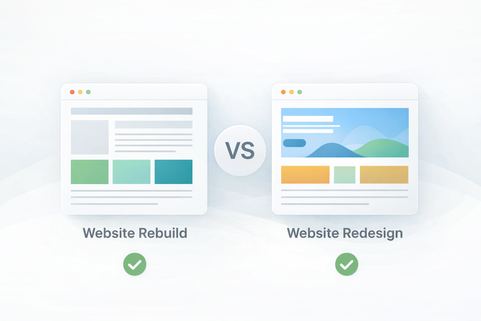 Website rebuild vs redesign visual showing structure, SEO, and performance layers